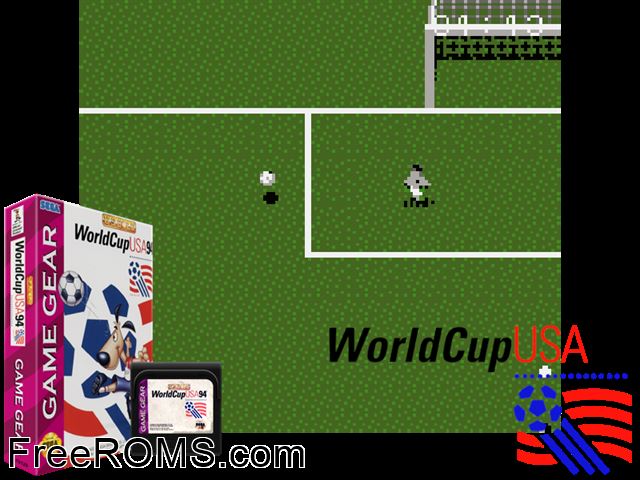 World Cup 94 Game Gear game showing 3D box cover and gameplay screenshot